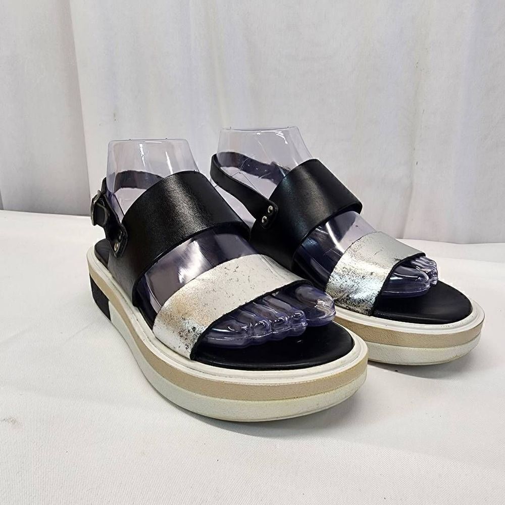 Carlo Pera Black and Metallic Leather Double Strap Platform Sandals Size 37EU 6.